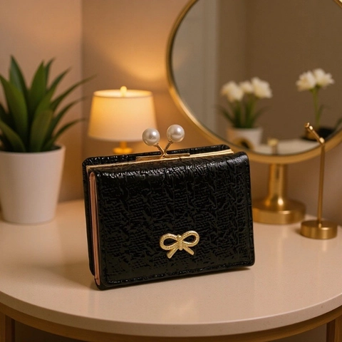 Women Folding Mini Wallet PU Leather Elegant Sweet Bowknot Artificial Pearl Kiss Lock Compact Coin Purse For Girls Card Holder