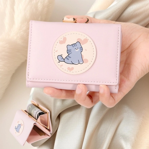 Cartera De Tres Pliegues Para Mujer Cuero PU Parche De Gato Lindo Cierre De Beso De Corazón Monedero Ranuras Para Tarjetas