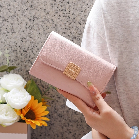 Cartera Minimalista de Cuero PU para Mujer Color Sólido Hebilla de Metal Multitarjeta Bolso de Mano Casual