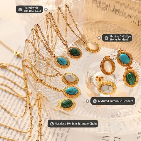 Vintage Bohemian Necklace And Earrings Jewelry Titanium Steel 18K Gold Plated Oval Turquoise Cat Eye Stone Fashion For Women