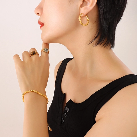 Bijoux En Acier Titane Plaqué Or 18K Bracelet Boucles D Oreilles Femmes Perles Cubes Mobiles Style Rétro