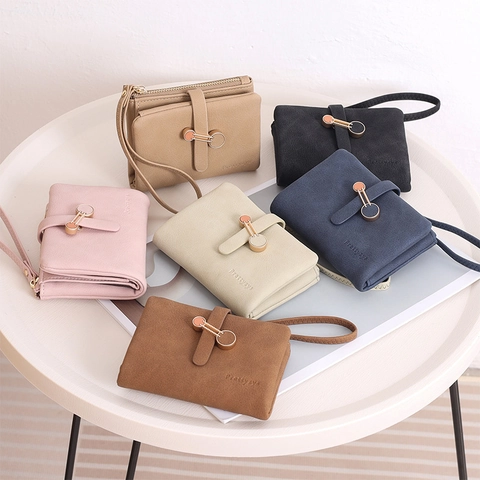 Cartera Corta de Cuero PU para Mujer Con Correa de Muñeca Color Sólido Mate Monedero con Cremallera Tarjetero Bolso de Mano Portátil