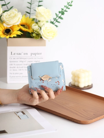 Portafoglio Corto a Tre Ante da Donna in Pelle PU Stampa Floreale con Bacche e Fibbia a Foglia di Metallo Porta Carte Portamonete con Cerniera