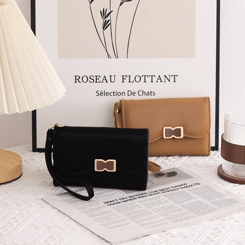 Women Sweet Bow Trifold Wallet PU Leather Wristlet Purse Multi-functional Student Card Holder Solid Color Small Bag