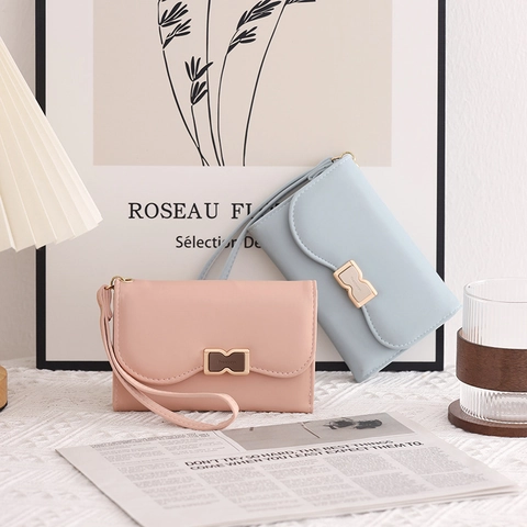Women Sweet Bow Trifold Wallet PU Leather Wristlet Purse Multi-functional Student Card Holder Solid Color Small Bag