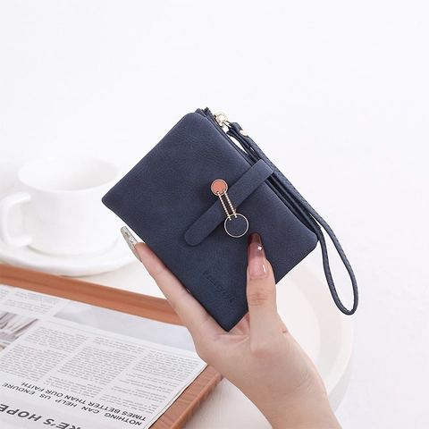 Cartera Corta de Cuero PU para Mujer Con Correa de Muñeca Color Sólido Mate Monedero con Cremallera Tarjetero Bolso de Mano Portátil