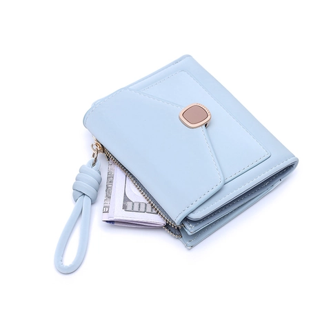 Cartera Corta Para Mujer Cuero PU Plegable Ranuras Para Tarjetas Hebilla Metal Correa Muñeca Asa Nudo Color Sólido