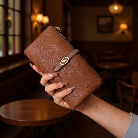 Long Wallet For Women PU Leather Zipper Buckle Multi Card Slots Leaf Metal Decor Elegant Korean Style Handbag Clutch