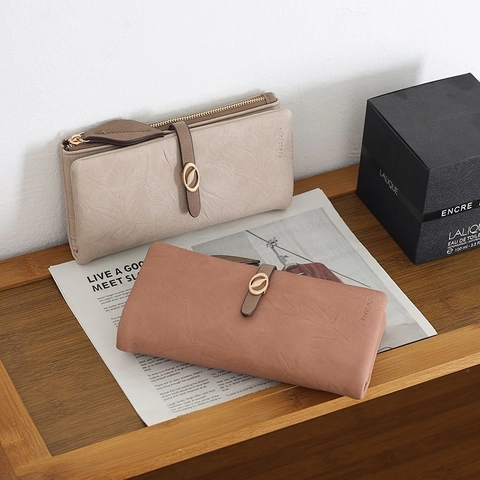 Long Wallet For Women PU Leather Zipper Buckle Multi Card Slots Leaf Metal Decor Elegant Korean Style Handbag Clutch