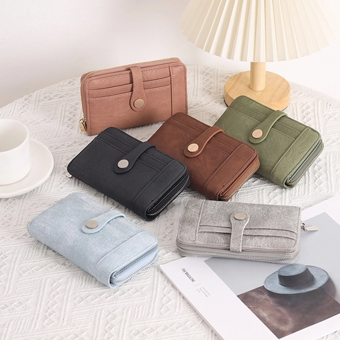 Portafoglio da Donna in Pelle PU Vintage Medio Multifunzionale Pieghevole Porta Carte con Zip Portamonete per Donna