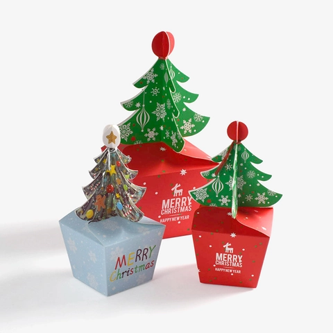 Confezione Regalo a Forma di Albero di Natale Rosso Blu Cartoncino Bianco Scatola per Caramelle e Biscotti Con Decorazione 3D Renna Fiocco di Neve Articoli per Feste