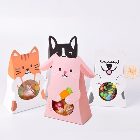 Cute Cartoon Animal Gift Boxes With Transparent Window Paper Folding Candy Packaging For Party Favors Kids Gifting Supplies