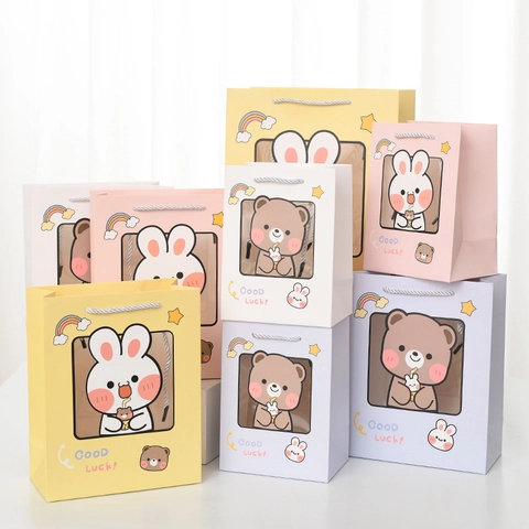 Sacchetto Regalo Cartone Animato Coniglio Orso Finestra Trasparente Busta Carta Portatile Disegno Good Luck Festa Compleanno