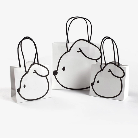 Borsa a Mano in Cartoncino Bianco Con Disegni di Coniglietto e Cucciolo Minimalisti Manico in Corda Confezione Regalo Festa