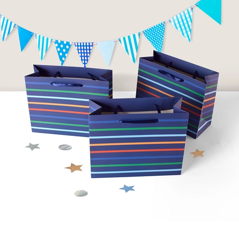 Navy Blue Rainbow Striped Paper Gift Bag With Ribbon Handle Horizontal Cardboard Bag For Party Wedding Business Shopping