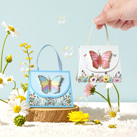 Boîte Cadeau Mini Sac à Main Papillon 3D Papier Pliable Élégant Floral Poignée en Ruban Mariage Fête Emballage de Bonbons Rouge à Lèvres