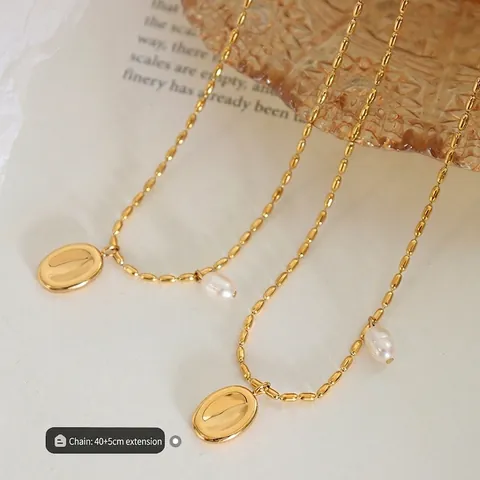 Collana Con Pendente Ovale Vintage Francese Con Perla D'acqua Dolce Acciaio Al Titanio Placcato Oro Gioielli Minimalisti
