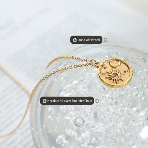 Sun Moon Star Pendant Necklace Titanium Steel 18K Gold Plated Round Coin Celestial Geometric Zircon Jewelry Women