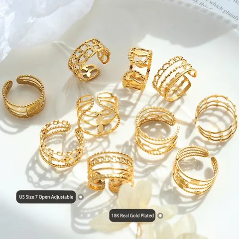 Titanium Stahl Ring 18K Vergoldet Verstellbar Offen Mehrlagig Geometrisch Hohl Mode Schmuck Für Frauen Elegant Stilvoll