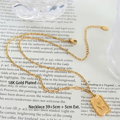 Butterfly Embossed Square Pendant Necklace Titanium Steel Gold Plated Asymmetric Splicing Chain Vintage Jewelry Women