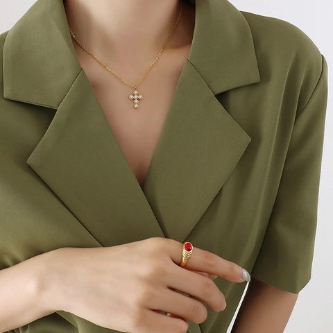 Cross Pendant Necklace 18K Gold Plated Titanium Steel With Faux Artificial Pearl Elegant French Vintage Style For Women
