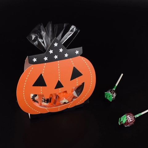 Halloween Pumpkin Candy Gift Boxes Cardboard Paper Treat Bags Trick Or Treat Cookie Packaging With Twist Ties And Clear Bags