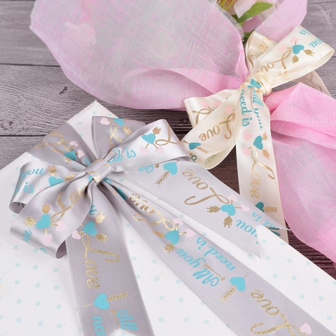 Romantic Satin Ribbon With Love Letter Heart Arrow Pattern For Gift Wrapping DIY Craft Wedding Valentine Decoration