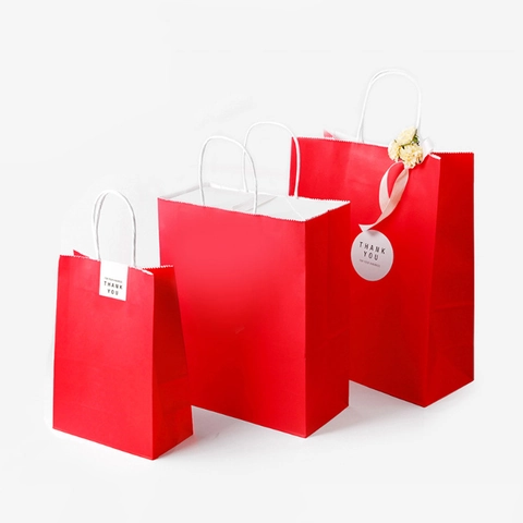 Solid Red Kraft Paper Gift Bag With White Twist Handles And Thank You Tags Holiday Wedding Party Favors Packaging Tote Bag