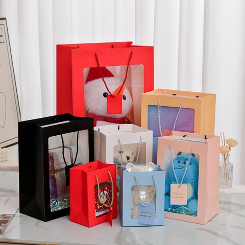 Borsa Regalo Minimalista In Cartoncino Con Finestra In PVC Trasparente E Manico In Corda Intrecciata Per San Valentino Festa Della Mamma Compleanno Matrimonio