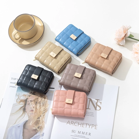 Cartera Corta para Mujer Acolchada de Cuero PU Con Cremallera Monedero Tarjetero Cartera Cuadrada Pequeña Con Lazo