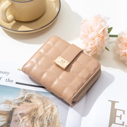 Cartera Corta para Mujer Acolchada de Cuero PU Con Cremallera Monedero Tarjetero Cartera Cuadrada Pequeña Con Lazo