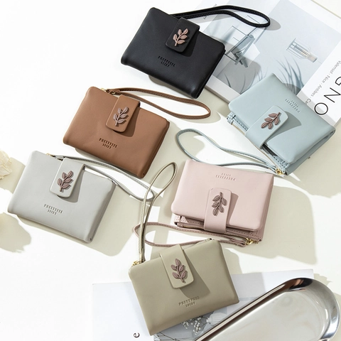Women Short Wallet PU Leather Bifold Leaf Buckle Minimalist Small Purse With Wristlet And Zipper Pocket