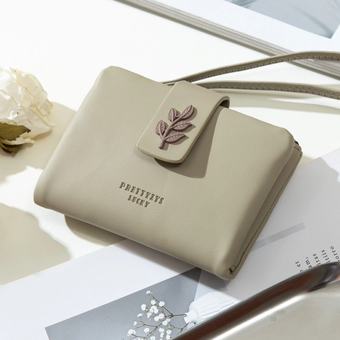 Women Short Wallet PU Leather Bifold Leaf Buckle Minimalist Small Purse With Wristlet And Zipper Pocket