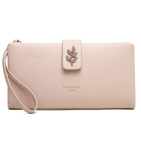 Women RFID Blocking Long Wallet PU Leather Leaf Decor Large Capacity Zipper Clutch Bag With Hand Strap For Daily Commute
