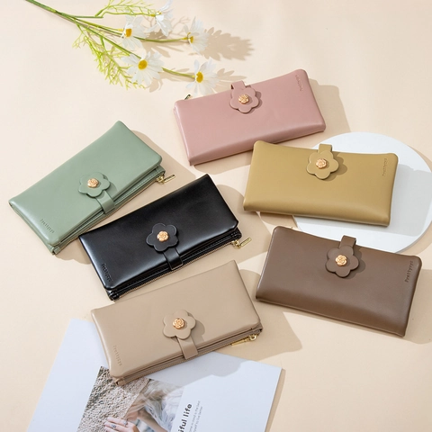 Damen Geldbörse Lang PU Leder Blumen Schnalle Große Kapazität Kartenfächer Clutch Elegant Einfach