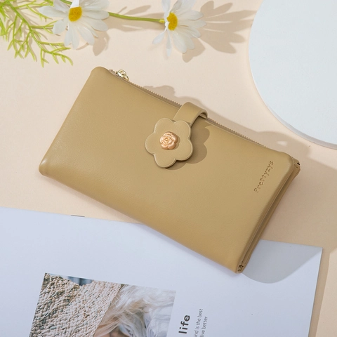 Damen Geldbörse Lang PU Leder Blumen Schnalle Große Kapazität Kartenfächer Clutch Elegant Einfach