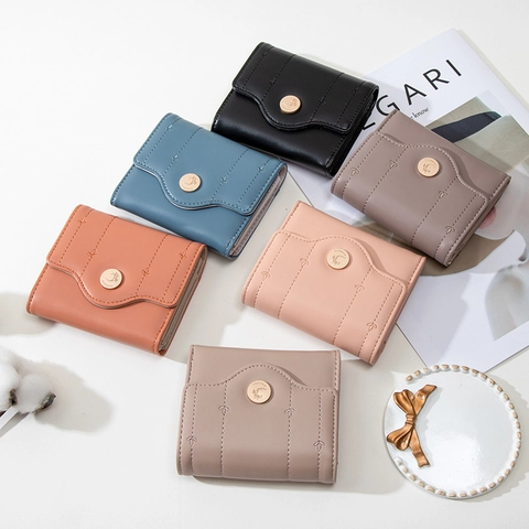 Cartera Corta Mujer Plegable Cuero PU Tarjetero Monedero Bordado Hojas Minimalista Hebilla Clip De Dinero Elegante