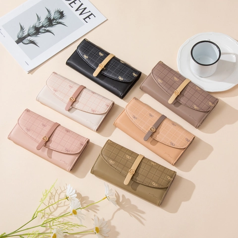 Damen Lange Geldbörse PU Leder Schleife Karo Kupplung Handtasche Große Kapazität Kartenhalter Süße Mode Elegante Damen Handtasche