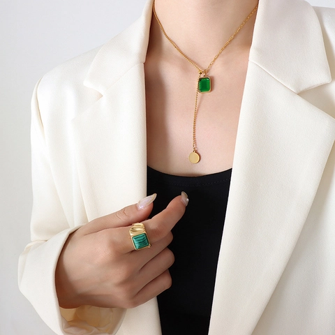 Collar Colgante Cristal Cuadrado Con Borla Ajustable Estilo Francés Acero Titanio Chapado En Oro 18K Joyas Para Mujer