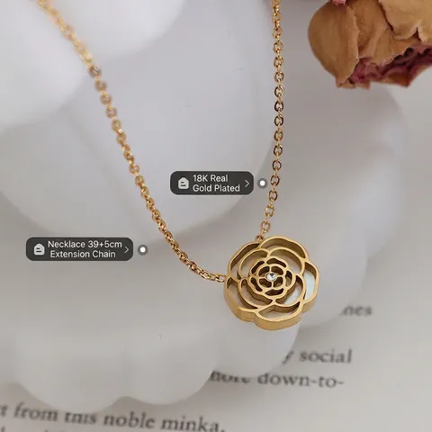 Titanium Steel Rose Flower Pendant Necklace 18K Gold Plated With White Shell And Zircon Minimalist French Jewelry For Women
