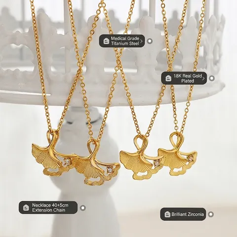 Ginkgo Leaf Pendant Necklace Titanium Steel 18K Gold Plated Zircon Rhinestone Clavicle Chain Korean Style Elegant Women