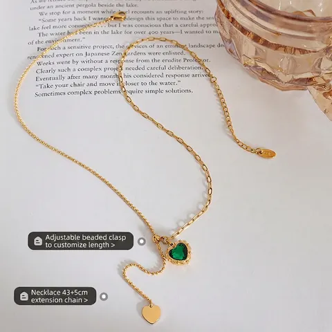 Heart Pendant Necklace Titanium Steel Green Red Zircon Adjustable Slide Buckle Y-Shaped Fringe French Style For Women