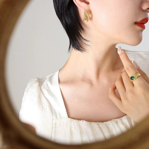 C-Shaped Hoop Earrings Titanium Steel 18K Gold Plated Multi Layer Twisted Rope Zircon Inlaid Korean Style For Women