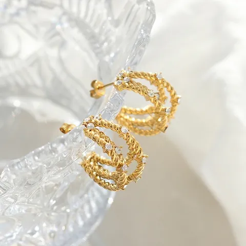 C-Shaped Hoop Earrings Titanium Steel 18K Gold Plated Multi Layer Twisted Rope Zircon Inlaid Korean Style For Women