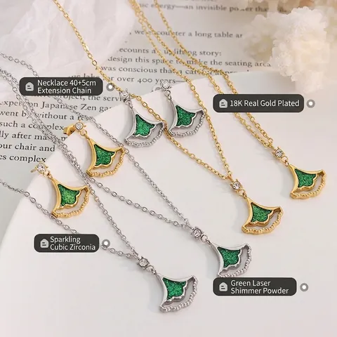 Gioielli Foglia Di Ginkgo Forma A Ventaglio Acciaio Al Titanio Collana E Orecchini Con Smalto Glitter Verde Zircone Elegante