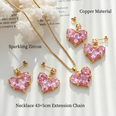 Elegante Collana E Orecchini Cuore Zircone Rosa Per Donne Gioielli In Ottone Dorato Stile Lusso Dolce Regalo