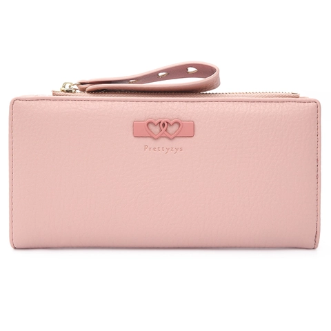 Cartera Larga Mujer Cuero PU Textura Litchi Cremallera Multi Ranuras Tarjetas Con Decoración Corazón Y Correa Muñeca Estilo Simple