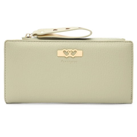 Women Long Wallet PU Leather Litchi Pattern Heart Decoration Zipper Clutch Purse With Wristlet Strap Sweet Style