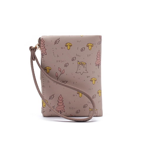 Women Short PU Leather Wallet Forest Mushroom Tree Print Bi-Fold Coin Purse With Wristlet Strap And Card Slots Compact Money Bag