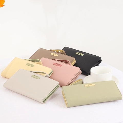 Cartera Larga Mujer Cuero PU Textura Litchi Cremallera Multi Ranuras Tarjetas Con Decoración Corazón Y Correa Muñeca Estilo Simple